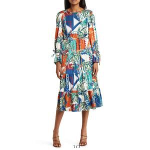 Julia Jordan Long Sleeve Tiered Midi Dress Size 8 Blue Orange Western Floral